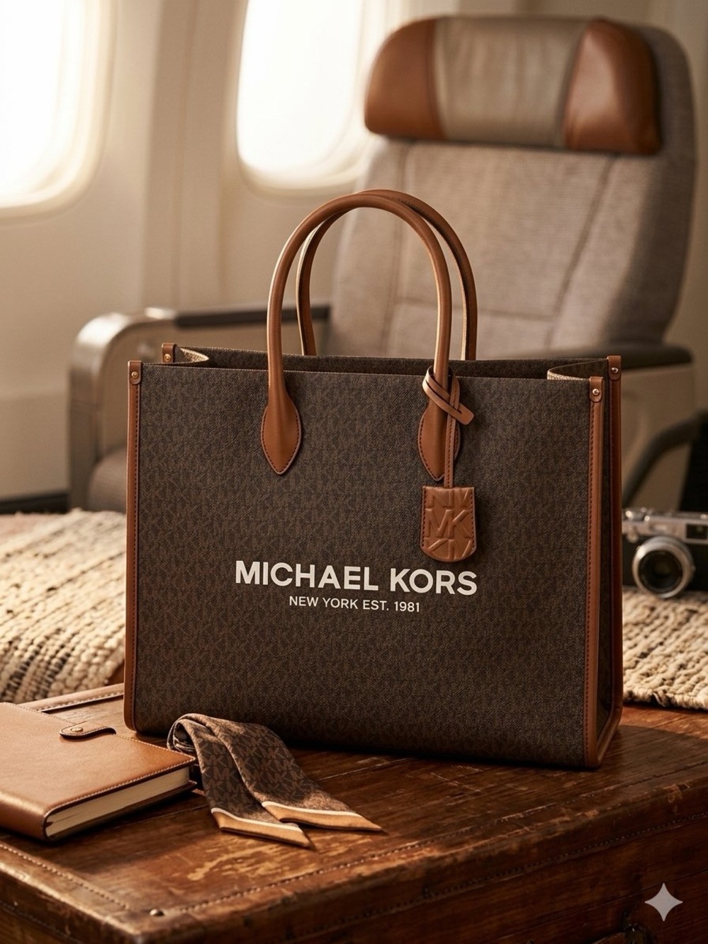 Michael Kors Brown Logo Structured Tote with Leather Trim
